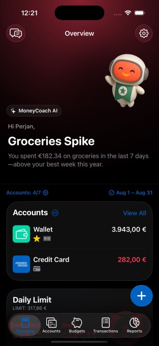 A screenshot of financial tracking app MoneyCoach where the screen shows summary of accounts and shows a weekly insight on grocery spend for the week.
