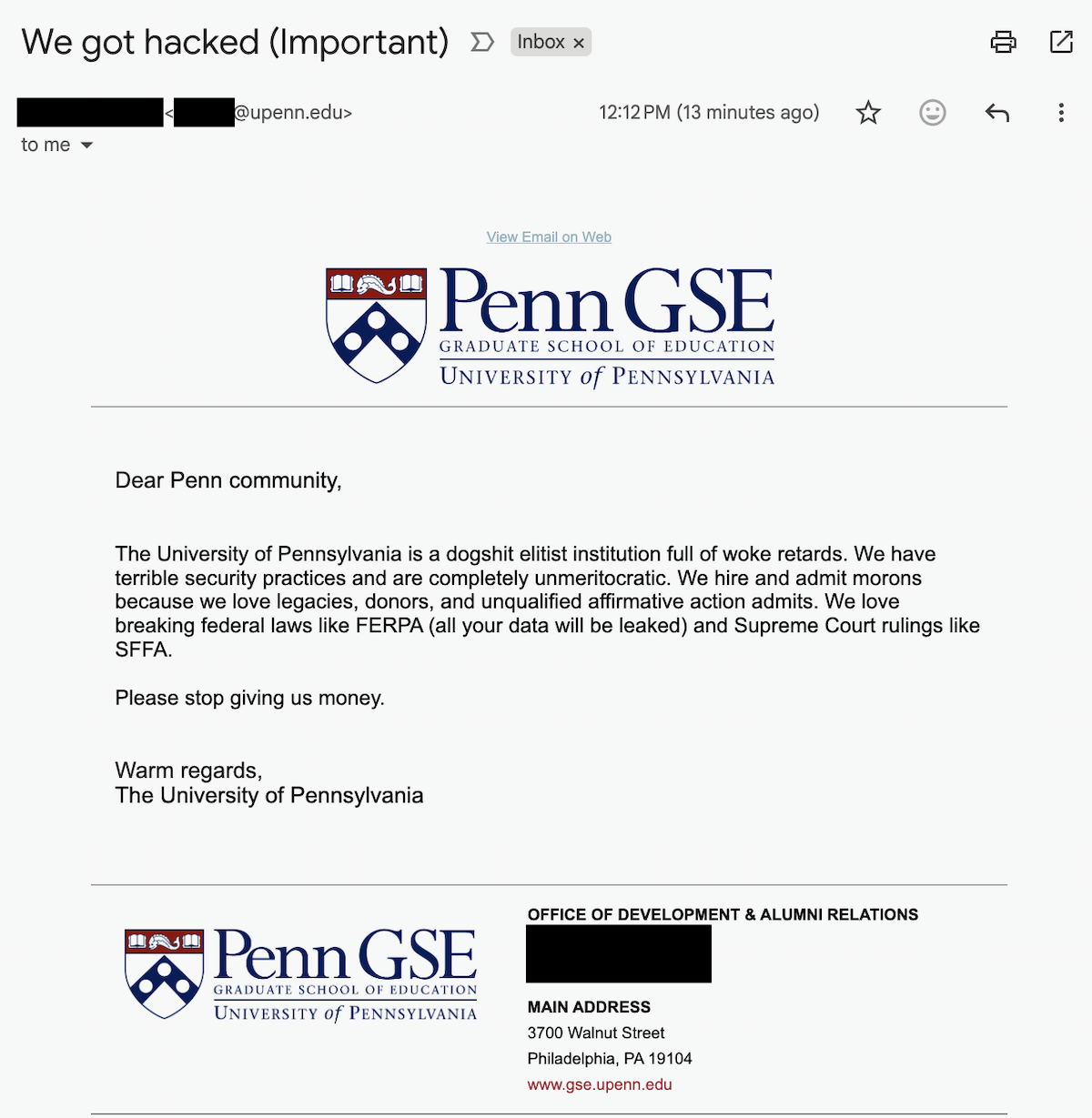 a redacted screenshot showing the email that hackers sent out to UPenn alumni and students.