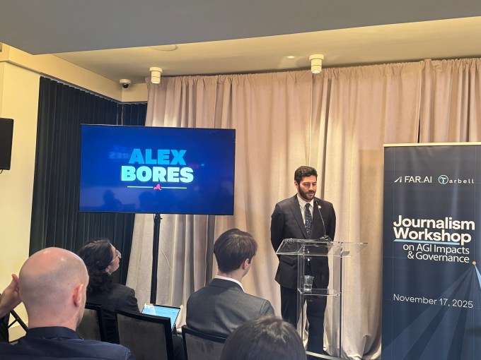 Alex Bores speaking at an event in Washington, D.C., on November 17, 2025.