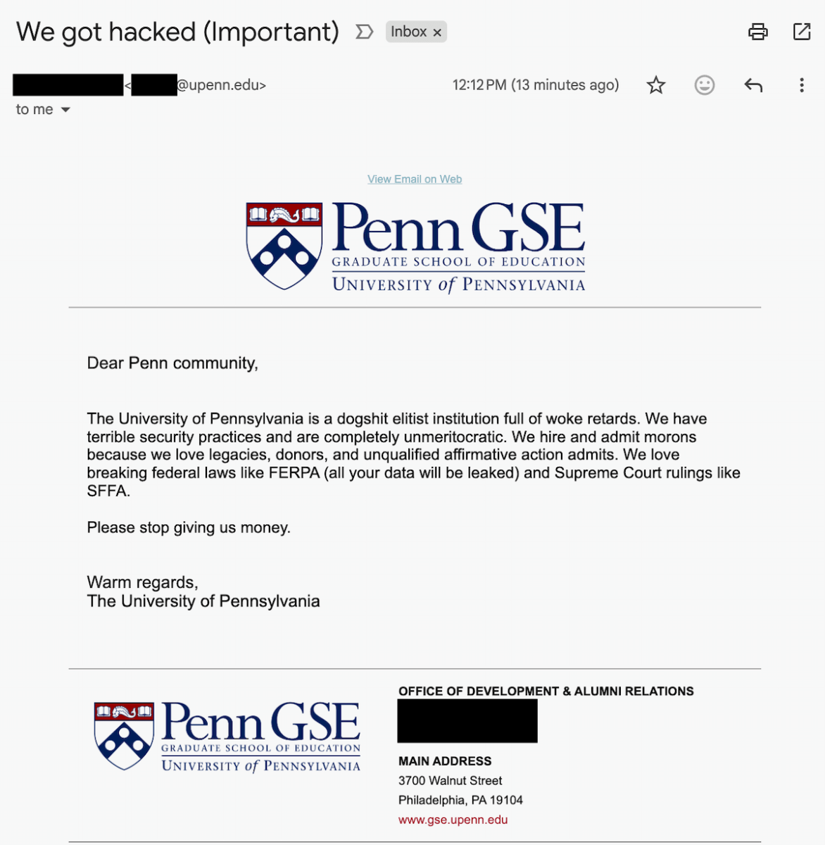 A partially redacted email sent by hackers with access to the university of Pennsylvania email system.
